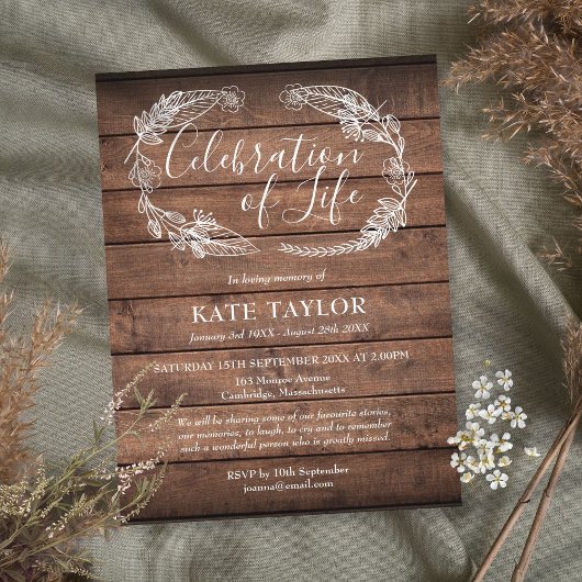 Carte Postale Faire-part Célébration du bois rustique des funérailles de vi