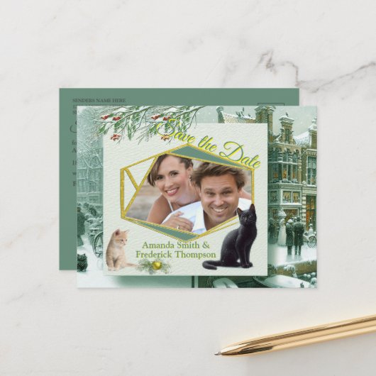 Carte Postale Faire-part Célébrations d'hiver dans la neige, avec des chato (Devant/Arrière en situation)