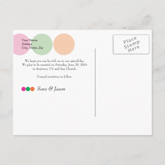 Carte Postale Faire-part Cercles rose, vert, orange Enregistrer la date (Dos)