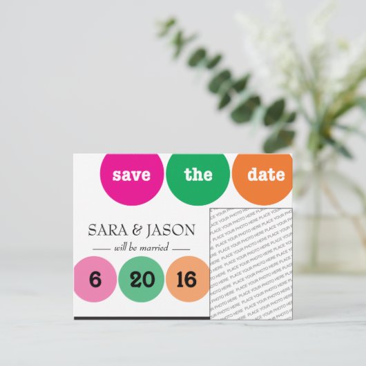 Carte Postale Faire-part Cercles roses, verts, orange Enregistrer la date (Debout devant)