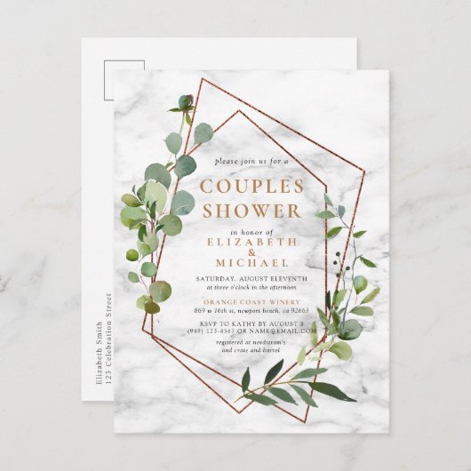 Carte Postale Faire-part Cérémonie de douche de cuivre géométrique Eucalypt (Devant / Derrière)