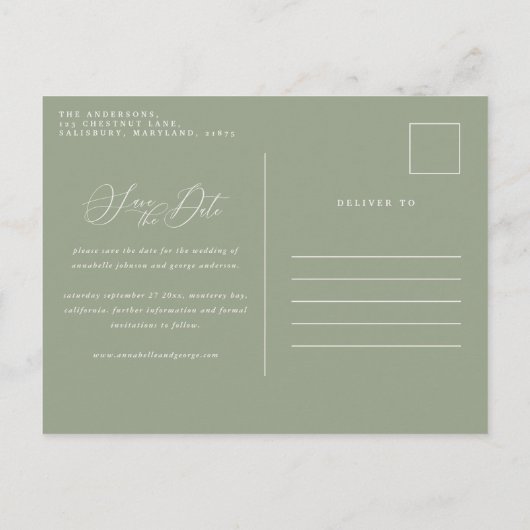 Carte Postale Faire-part Cerf botanique rustique mariage élégant vert sauge (Dos)