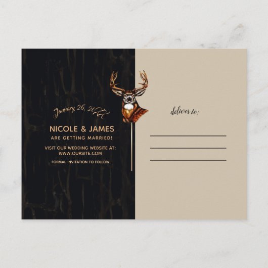 Carte Postale Faire-part Cerf en Bois Rustique Campagne Enregistrer la Date (Dos)