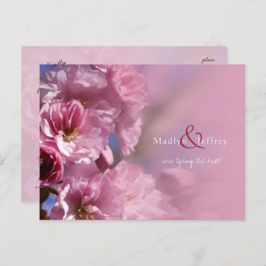 Carte Postale Faire-part cerisier rose fleurs mariage de printemps (Devant / Derrière)