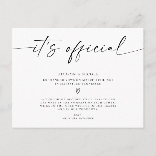 Carte Postale Faire-part C'est le Mariage officiel du Elopement (Devant)