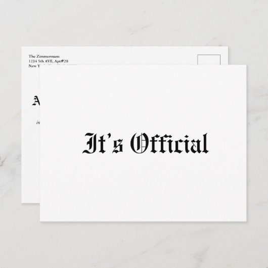 Carte Postale Faire-part C'est officiel mariage rustique gothique (Devant / Derrière)