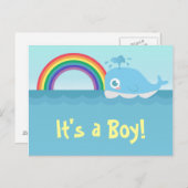 Carte Postale Faire-part C'est un garçon - Bébé mignon Baleine Bleue avec a (Devant / Derrière)