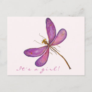 Carte Postale Faire-part C'est une fille ! Dragonfly violette sucrée