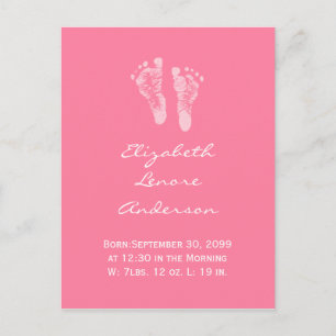 Carte Postale Faire-part C'est une Fille Empreintes de Pieds de Bébé Rose A