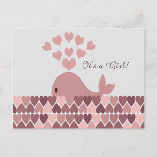 Carte Postale Faire-part C'est une fille ! Jolie baleine rose
