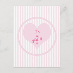 Carte Postale Faire-part C'EST UNE FILLE - Rayures roses et blanches douces