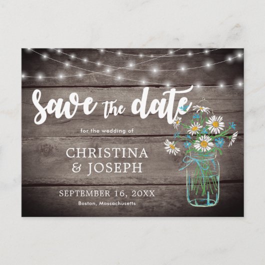 Carte Postale Faire-part Chaîne Rustique Lights Mason Jar Enregistrer La Da (Devant)