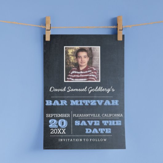 Carte Postale Faire-part Chalkboard Blue Bar Mitzvah Photo Enregistrer la d