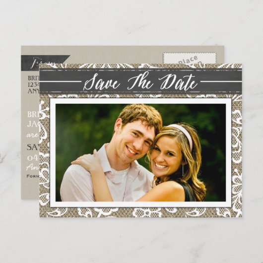 Carte Postale Faire-part Chalkboard Burlap & Lace Photo Enregistrer les car (Devant / Derrière)