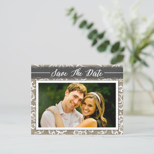 Carte Postale Faire-part Chalkboard Burlap & Lace Photo Enregistrer les car (Debout devant)