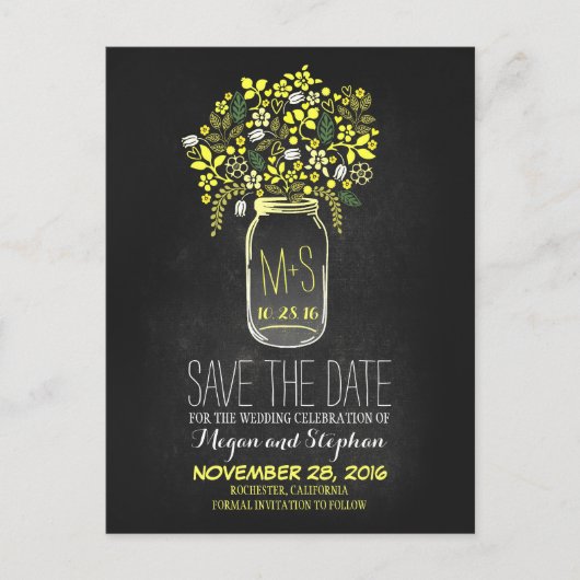 Carte Postale Faire-part Chalkboard enregistrer la date - Floral Mason Jar (Devant)