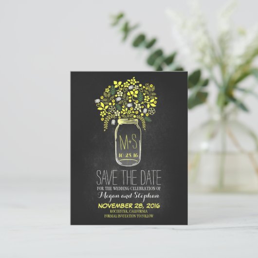 Carte Postale Faire-part Chalkboard enregistrer la date - Floral Mason Jar (Debout devant)
