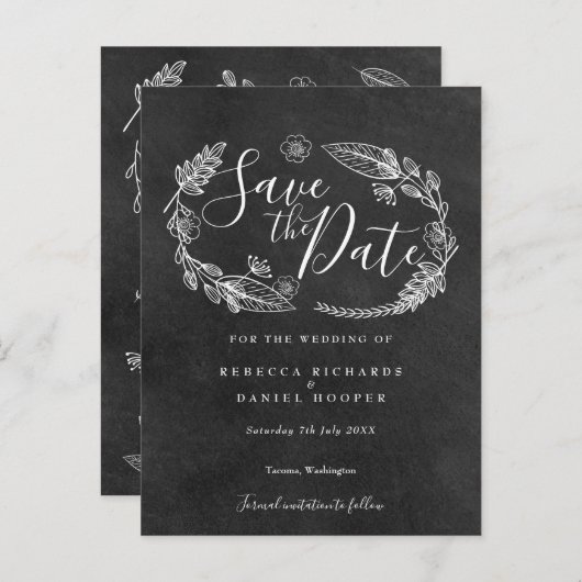 Carte Postale Faire-part Chalkboard Floral Garland Enregistrer la date (Devant / Derrière)