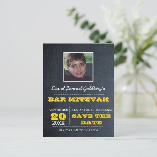 Carte Postale Faire-part Chalkboard Gold Bar Mitzvah Photo Enregistrer la d (Debout devant)