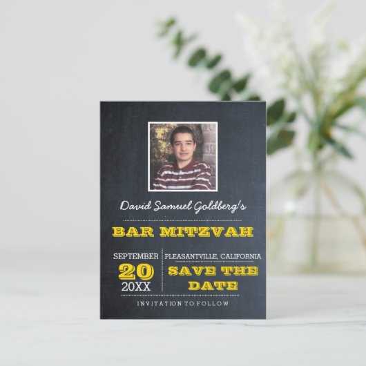 Carte Postale Faire-part Chalkboard Gold Bar Mitzvah Photo Enregistrer la d (Debout devant)