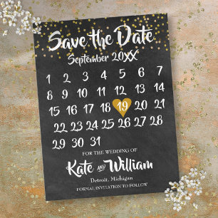 Carte Postale Faire-part Chalkboard Gold Love Heart Calendar Enregistrer la