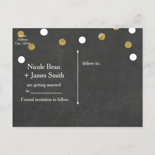 Carte Postale Faire-part Chalkboard Gold & White Confetti Enregistrer la da (Dos)