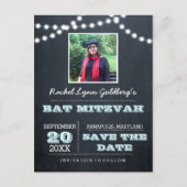 Carte Postale Faire-part Chalkboard Lights Aqua Bat Mitzvah Photo Enregistr (Devant)