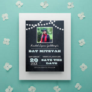 Carte Postale Faire-part Chalkboard Lights Aqua Bat Mitzvah Photo Enregistr