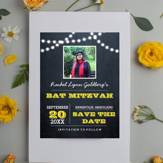 Carte Postale Faire-part Chalkboard Lights Gold Bat mitzvah photo Enregistr