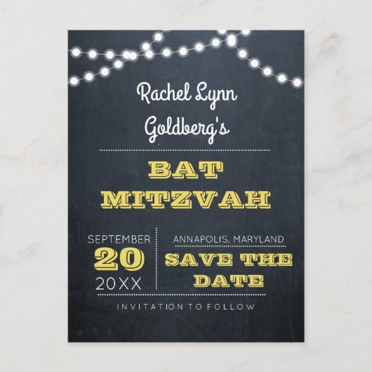 Carte Postale Faire-part Chalkboard Lights Golden Bat mitzvah Enregistrer l (Devant)