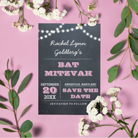 Carte Postale Faire-part Chalkboard Lights rose Bat mitzvah Enregistrer la