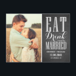 Carte Postale Faire-part Chalkboard Mangez un verre et soyez marié Enregist<br><div class="desc">Save the date! Annoncez votre date de mariage avec ce personnalisable enregistrer l'annonce de date. Il présente une typographie mixte sur un faux arrière - plan de tableau de bord. Personnalisez en ajoutant vos détails. Cette photo enregistrer la date carte postale est disponible en d'autres couleurs et carton.</div>