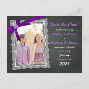 Carte Postale Faire-part Chalkboard Purple Bow Photo Wedding Enregistrer la