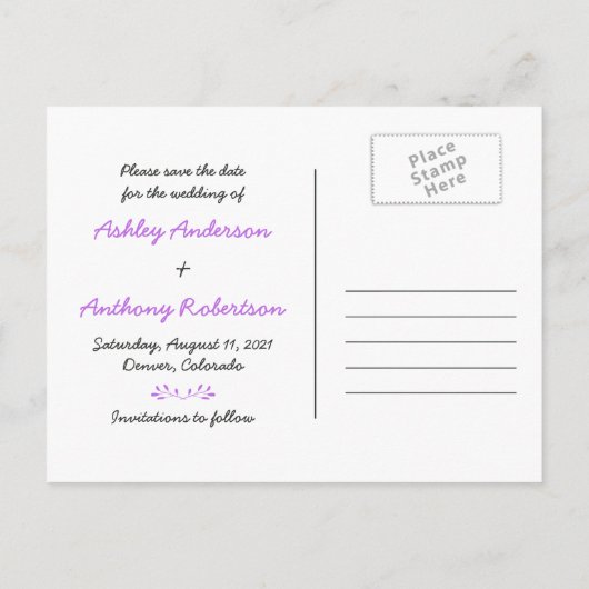 Carte Postale Faire-part Chalkboard Purple Bow Photo Wedding Enregistrer la (Dos)