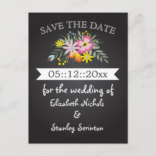 Carte Postale Faire-part Chalkboard rose fleurs mariage Enregistrer la date (Devant)
