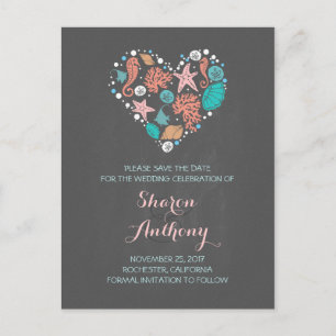Carte Postale Faire-part chalkboard sea heart beach mariage enregistrer la