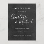 Carte Postale Faire-part Chalkboard Signature Script Mariage Enregistrer la<br><div class="desc">Doté de noms de style signature,  ce tableau noir élégant enregistrer la carte de date peut être personnalisé avec vos informations spéciales de jour de mariage en lettrage blanc chic. Conçu par Thisisnotme©</div>