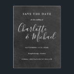 Carte Postale Faire-part Chalkboard Signature Script Mariage Enregistrer la<br><div class="desc">Doté de noms de style signature,  ce tableau noir élégant enregistrer la carte de date peut être personnalisé avec vos informations spéciales de jour de mariage en lettrage blanc chic. Conçu par Thisisnotme©</div>