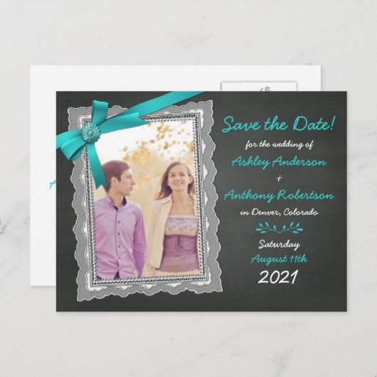 Carte Postale Faire-part Chalkboard Turquoise Bow Photo Wedding Enregistrer (Devant / Derrière)