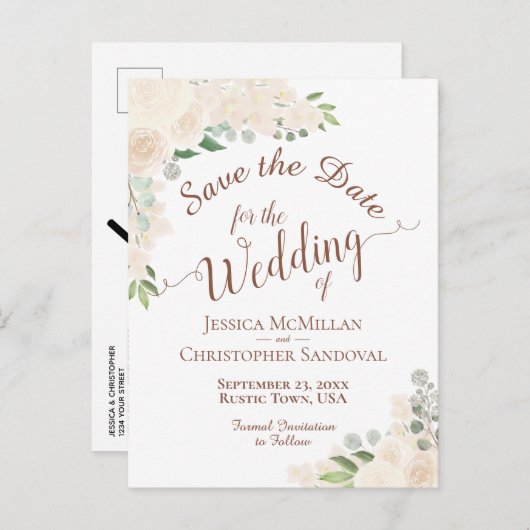 Carte Postale Faire-part Champagne Blush Pêcher mariage floral Enregistrer  (Devant / Derrière)