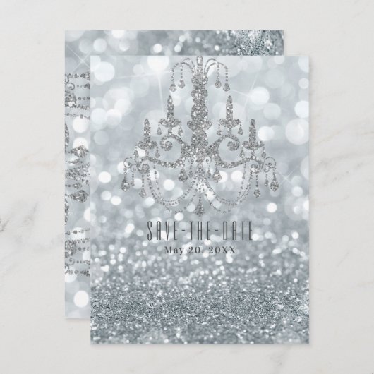 Carte Postale Faire-part Chandelier en Parties scintillant d'argent Bokeh G (Devant / Derrière)