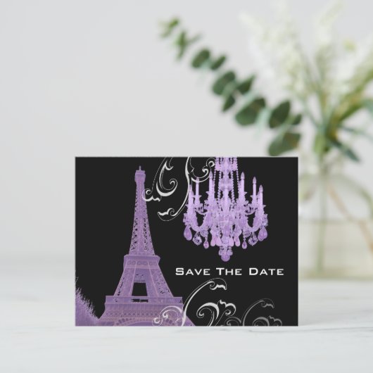 Carte Postale Faire-part Chandelier violet Effiel Tower Enregistrer La Date (Debout devant)