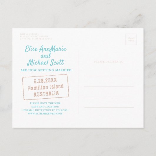Carte Postale Faire-part Chang the Date Beach Wedding Passport Stamp (Dos)