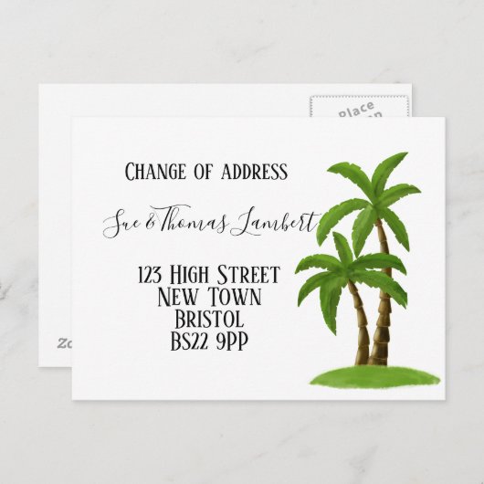 Carte Postale Faire-part Change of address tropical, palm tree, beach (Devant / Derrière)