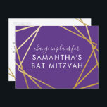Carte Postale Faire-part Changement Bat mitzvah des plans Purple doré moder<br><div class="desc">Carte postale moderne, branchée et élégante de Bat mitzvah violet et or pour annoncer une célébration ou un changement de cérémonie dans les plans d'un événement virtuel, avec une frontière géométrique abstraite moderne carrés. Personnalisez facilement cette carte postale abordable "changer la date ou les plans" pour votre Bat mitzvah virtuel...</div>