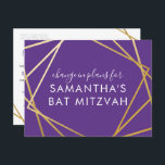 Carte Postale Faire-part Changement Bat mitzvah des plans Purple doré moder<br><div class="desc">Carte postale moderne, branchée et élégante de Bat mitzvah violet et or pour annoncer une célébration ou un changement de cérémonie dans les plans d'un événement virtuel, avec une frontière géométrique abstraite moderne carrés. Personnalisez facilement cette carte postale abordable "changer la date ou les plans" pour votre Bat mitzvah virtuel...</div>