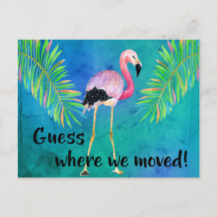 Carte Postale Faire-part Changement d'adresse de flamant rose et de feuille
