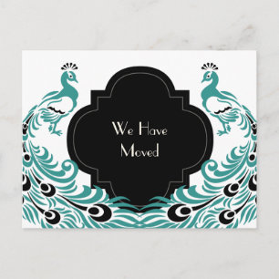 Carte Postale Faire-part Changement d'adresse de paon d'art déco noir et
