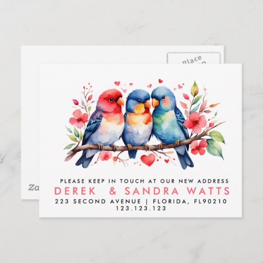 Carte Postale Faire-part changement d'adresse, déplacement des inséparables (Devant / Derrière)