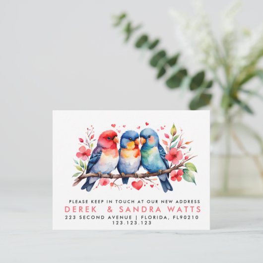 Carte Postale Faire-part changement d'adresse, déplacement des inséparables (Debout devant)